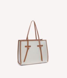 White Leather Vintage Fashion Women's Tote Bag Tan Trim Shoulder Handbag Two Straps Structured Purse Work Satchel Shopper - Product Image 6