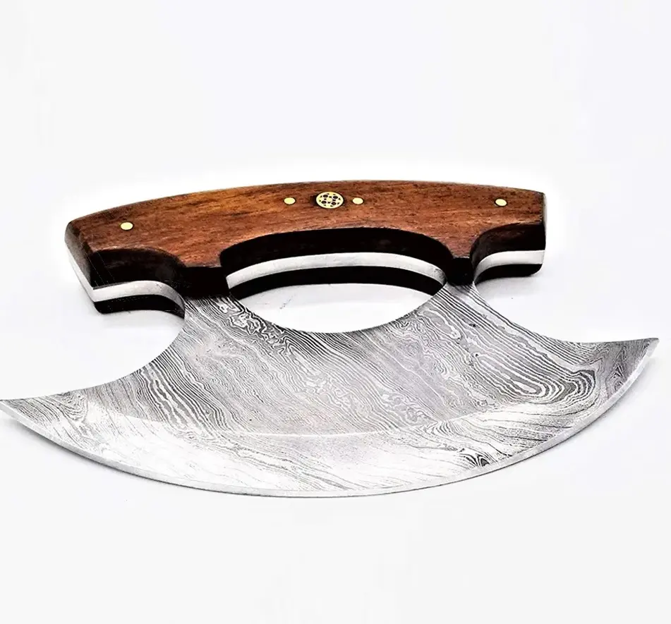 Custom Handmade Ulu Knife Forged Damascus Steel Ulu Knife Rose Wood Handle