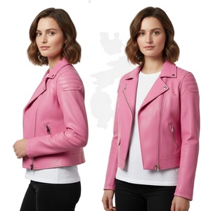 เสื้อแจ็คเก็ตมอเตอร์ไซค์หนังสีชมพูสำหรับผู้หญิง กระดุมแบบสแนปสั่งทำได้ ขายส่งจำนวนมาก ราคาโรงงาน ของแท้ สไตล์ไบค์เกอร์ แฟชั่นสำหรับผู้หญิง - Product Image 1