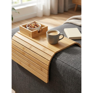 Bamboo <b>Foldable</b> Sofa Side Tray Organizer-<b>Wooden</b> Couch Arm <b>Table</b> with Cup and Remote Holder - Product Image 3