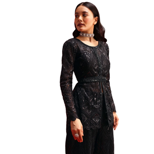 Noir Net Kurta Palazzo Ensemble En Sequin Travail En Gros Femmes Vêtements Ethniques OEM Vêtements Usine Fournisseur Personnalisé Fête De Mariage - Product Image 3
