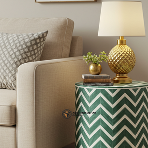 Mesa Auxiliar de Madera con Incrustaciones de Hueso, Diseño Moderno y Ecológico con Patrón Chevron para Dormitorio y Sala de Estar - Product Image 2