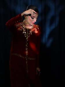 Awaais House Women's Solid Ethnic Floor-Length Long Sleeve High Neck <b>Sequined</b> Hand Beaded <b>Flared</b> Hem Velvet Polyester Kaftan - Product Image 3