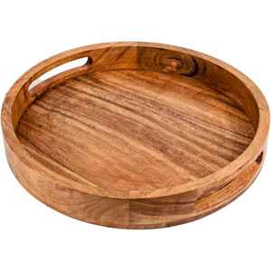 <b>Round</b> solid acacia wood serving <b>tray</b> high wall cutout handles rustic coffee <b>table</b> ottoman platter hotel restaurant catering - Product Image 1