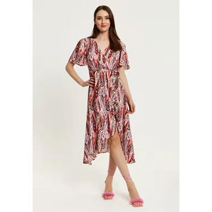 Vestido de verano diario directo de fábrica 100% viscosa Floral Paisley estampado manga corta escote en V gasa marrón Rosa vestido - Product Image 3