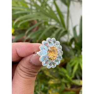 Vintage 925 Silver Cocktail <b>Ring</b> with Citrine & Blue Topaz Gold Plated Metal Gemstone Free Size for Party Crafted in <b>Brass</b> - Product Image 3
