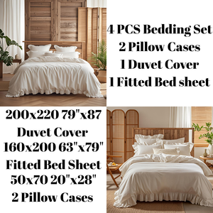 Parure de lit double 4 pièces en polycoton blanc de luxe avec housse de couette et drap-housse à volants - Product Image 5