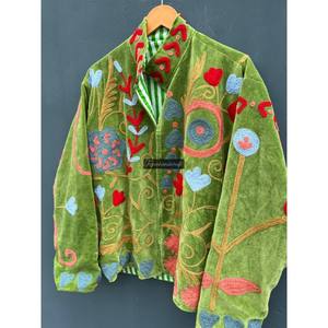 Unisex Green Velvet Suzani Fabric Jacket with Flowers Embroidery Cotton Winter <b>Coat</b> Lining Women's Party Wear - Product Image 4