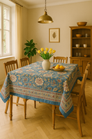 Nappe Indienne Artisanale en Coton Premium Imprimée au Bloc à la Main, Motif Floral Bleu Marron, Réutilisable et Écologique pour la Maison