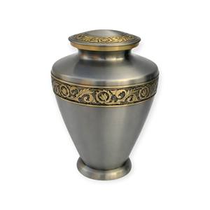 Matte Silver Metal <b>Keepsake</b> Urn with Gold Floral Band Secure Closure and Refined Memorial Finish - Product Image 1