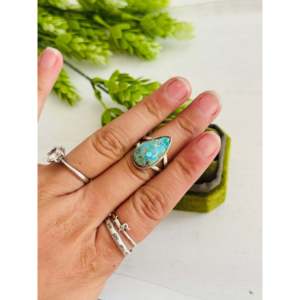 Southwest Boho <b>Statement</b> <b>Ring</b> Size 7 Featuring Smooth Mohave Turquoise Gemstone Sterling <b>Silver</b> for Everyday Wear Made Platinum - Product Image 2