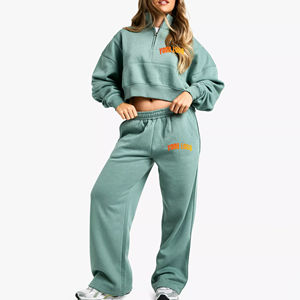 Nouveau design de haute qualité demi-fermeture éclair col haut court 100% coton femmes survêtement couleur unie respirant évasé survêtements pour femmes - Product Image 4