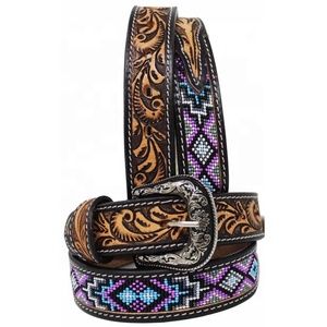 Cinturón Vaquero Occidental de Cuero Vacuno de Grano Completo Personalizado Más Vendido con Diseño Azteca con Cuentas y Hebilla de Aleación Tallada a Mano Precio al por Mayor - Product Image 2