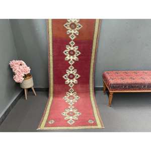 2.8x8.6 ft Vintage <b>Runner</b> Rug, <b>Red</b> Green Turkish Patchwork Wool Rug - Product Image 1