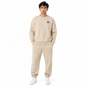 Men's Beige Crew Neck Sweatshirt Drop Shoulder Hoodies Fleece Regular Fit Solid Color Front Logo <b>Tracksuit</b> and Jogger Set B2B - Product Image 1