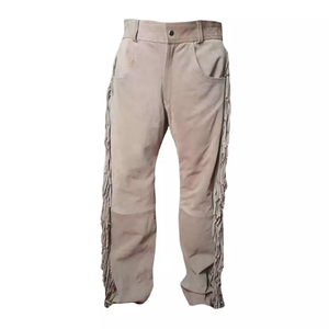 Pantalones de cuero de ante de vaca para hombre, de alta calidad, estilo vaquero occidental, con cuentas y flecos, Creme - Product Image 1