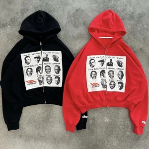 Rojo/Negro Sun Faded French Terry Hoodie Custom Mens Cotton Acid Wash Vintage Distressed Zip uphoodies hombres, sudaderas con capucha para hombres - Product Image 1