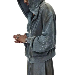 Men's tracksuit Oversized Vintage Acid Wash Flared Sweats <b>Set</b> Rhinestone Cut And Sew Heavy Zip Up Sun Faded Tracksuit For Men - Product Image 2