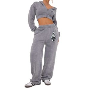 OEM Women's Winter 100% Cotton Gym Crop Top Oversize Hoodie Sweatshirt Pants <b>Set</b> Solid 2-Piece Tracksuits for Girls Personalized - Product Image 1