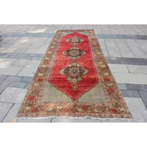 Tapis turc vintage de 4.7x12,5 pieds, tapis en laine à tissage plat, rouge et vert pour décorations de salon, support en latex - Product Image 1