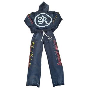 Conjunto Deportivo Personalizado Transpirable con Estampado de Diamantes de Imitación, Lavado Ácido, Estilo Desgastado, Pantalones Anchos Holgados y Sudadera con Capucha - Product Image 2