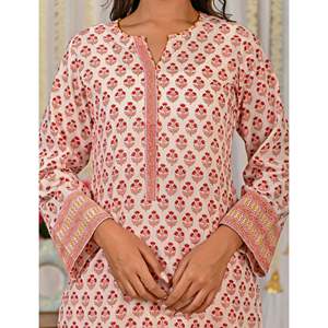 Ensemble Kurta et pantalon en coton imprimé à blocs blancs et rouges pour un usage quotidien - Product Image 2