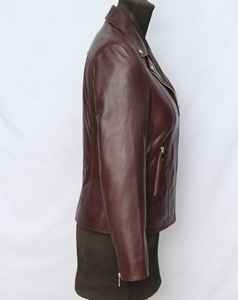 Chaqueta de motorista de lona marrón clásica para mujer, piel de oveja genuina, forro acolchado, cremallera de anilina, soporte con capucha, temporada de invierno - Product Image 4