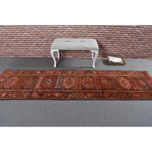 2.7x9.4 ft Vintage Rug, Turkish <b>Runner</b> Rug, <b>Red</b> Abstract Wool Rug - Product Image 3
