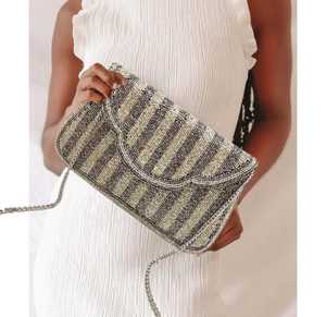 Metallic <b>Silver</b> Striped Seed Bead Crossbody <b>Clutch</b> - Product Image 1