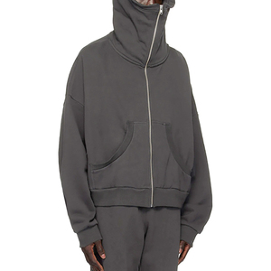 Sudadera con capucha personalizada con cremallera para hombre con hombros caídos Color sólido peso pesado grueso ácido lavado de talla grande transpirable cara completa en blanco - Product Image 5