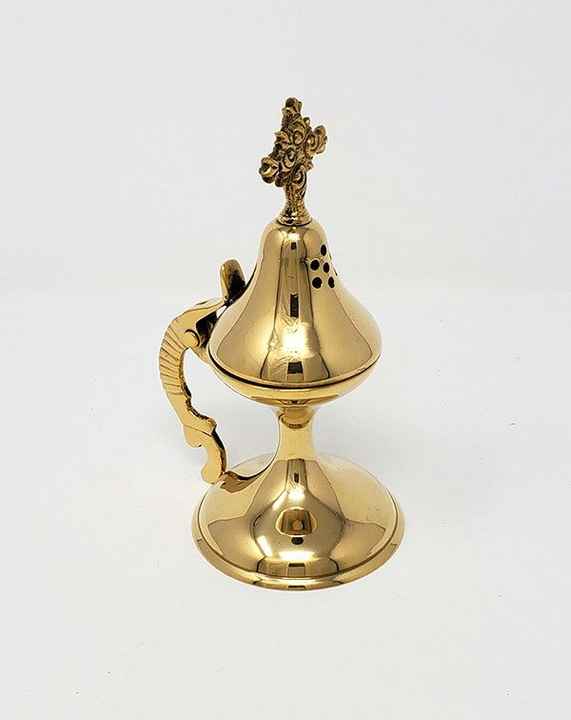 Sacred temple brass incense burner with wide top and engraved details great for divine worship or home spiritual practices