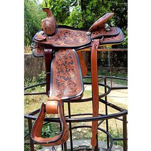 Nouvelle selle de cheval Western haut de gamme en cuir bicolore sculptée à la main avec logo personnalisé, tailles sur mesure et accessoires en acier inoxydable - Product Image 1