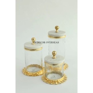 Every Type Of Customization Available Set Of 3 Superior Quality Clear <b>Glass</b> With Metal And White Marble Top Lid & Base Canister - Product Image 1