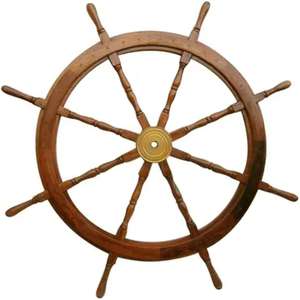 Rueda de barco de madera artesanal náutica, decoración de pared para el hogar, cubo negro de 16 pulgadas y mango del exportador indio - Product Image 1