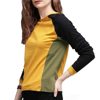 Camiseta de Algodón para Mujer, Venta al Por Mayor, Logotipo Personalizado, Bloques de Color, Manga Larga, Cuello Redondo, Proveedor OEM, Fabricante al Por Mayor