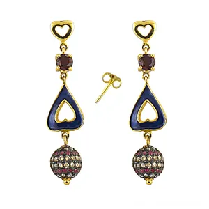 Boucles d'oreilles pendantes plaquées or pour femmes avec grenat et émail, quartz diamant et perle pour mariages et fêtes - Product Image 3