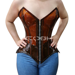 OEM ODM Brown Transparent PVC <b>Corset</b> See-Thru Overbust Underwire Cups Waist Shaping <b>Corset</b> with Front Zipper - Product Image 1