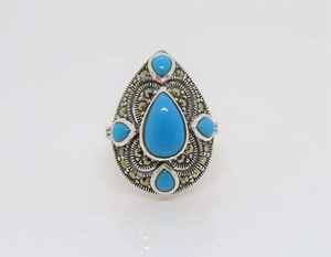 Bague Vintage en argent Sterling Turquoise et Marcassite pour femme Bague de déclaration faite à la main Design élégant Cadeau d'anniversaire d'anniversaire - Product Image 6