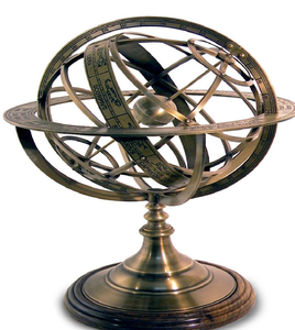 Une sphère armillaire en laiton antique sur un socle rond en bois, avec des signes du zodiaque gravés pour un attrait vintage - Product Image 1