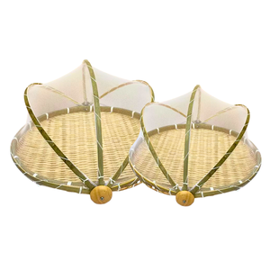 PLATEAU EN BAMBOU rustique avec couvercle en maille Ensemble de paniers de service en rotin rustique Artisanat du Vietnam - Product Image 1