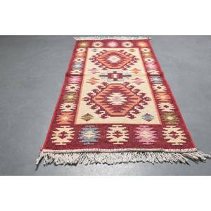 พรมตุรกีขนาด 1.9x3.8 ฟุต พรมวินเทจขนาดเล็ก พรมขนสัตว์ลายจุดสีแดงเบจ - Product Image 2