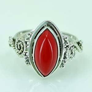 Bague artisanale en argent sterling 925 de style bohème, pierre précieuse corail de couleur rouge, forme marquise, bijoux fins - Product Image 6