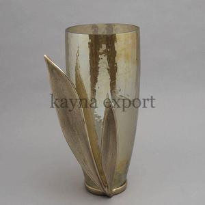 Luxury Handmade Glass Vase With Gold Metal Long Leaf Design For Wedding Tabletop Decor And Flower Arrangement Elegant Metal Vase - Product Image 1