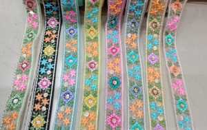 Custom Made Floral Embroidered Laces in a Wide Assortment of Colors <b>for</b> Bow and <b>Hair</b> Band With Golden Sequence Work - Product Image 5