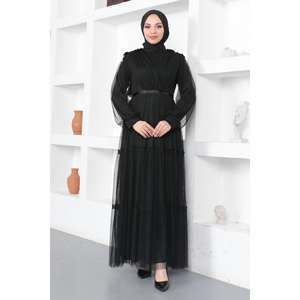 Vestido de Noche Largo de Tul con Encaje Detallado, Talla XS, Vestido de Gala con Decoración en Capas, Largo hasta el Suelo, para Banquetes y Fiestas - Product Image 3