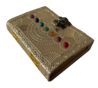 Diario de cuero genuino hecho a mano Seven Chakra Stone, latón antiguo C-Lock, logotipo personalizado impreso en relieve, libros de notas de tapa dura, diario