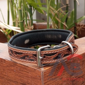 Collier de chien en cuir usiné à la main à fleurs réglable de haute qualité laisse de chien rembourrée confortable de luxe pour l'entraînement - Product Image 6