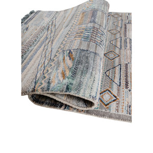 Tapis géométrique en laine et soie de bambou noué à la main Manchaha, gris et noir, rectangulaire, pour salon, couloir - Les-2862 - Product Image 2