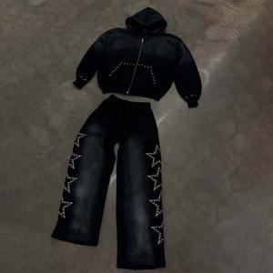 Conjunto de Pantalones Deportivos y Sudadera Personalizados para Hombre, Lavado Ácido, 100% Algodón, Pedrería, Cremallera Completa, Talla Grande, Diseño Holgado - Product Image 5