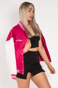 Blouson bombardier Vintage femme rose à la mode col montant personnalisé tricoté poignets déchirés fermeture à boutons Varsity tissé tissage - Product Image 3